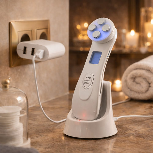 Facial Massager with Radiofrequency, Phototherapy and Electrostimulation helping you feel calm, present, and refreshed whenever you need it.”